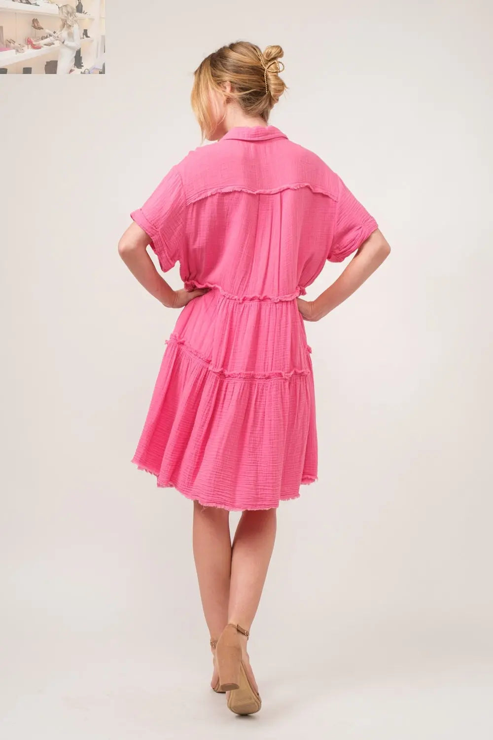 And The Why Full Size Raw Edge Washed Tiered Shirt Dress