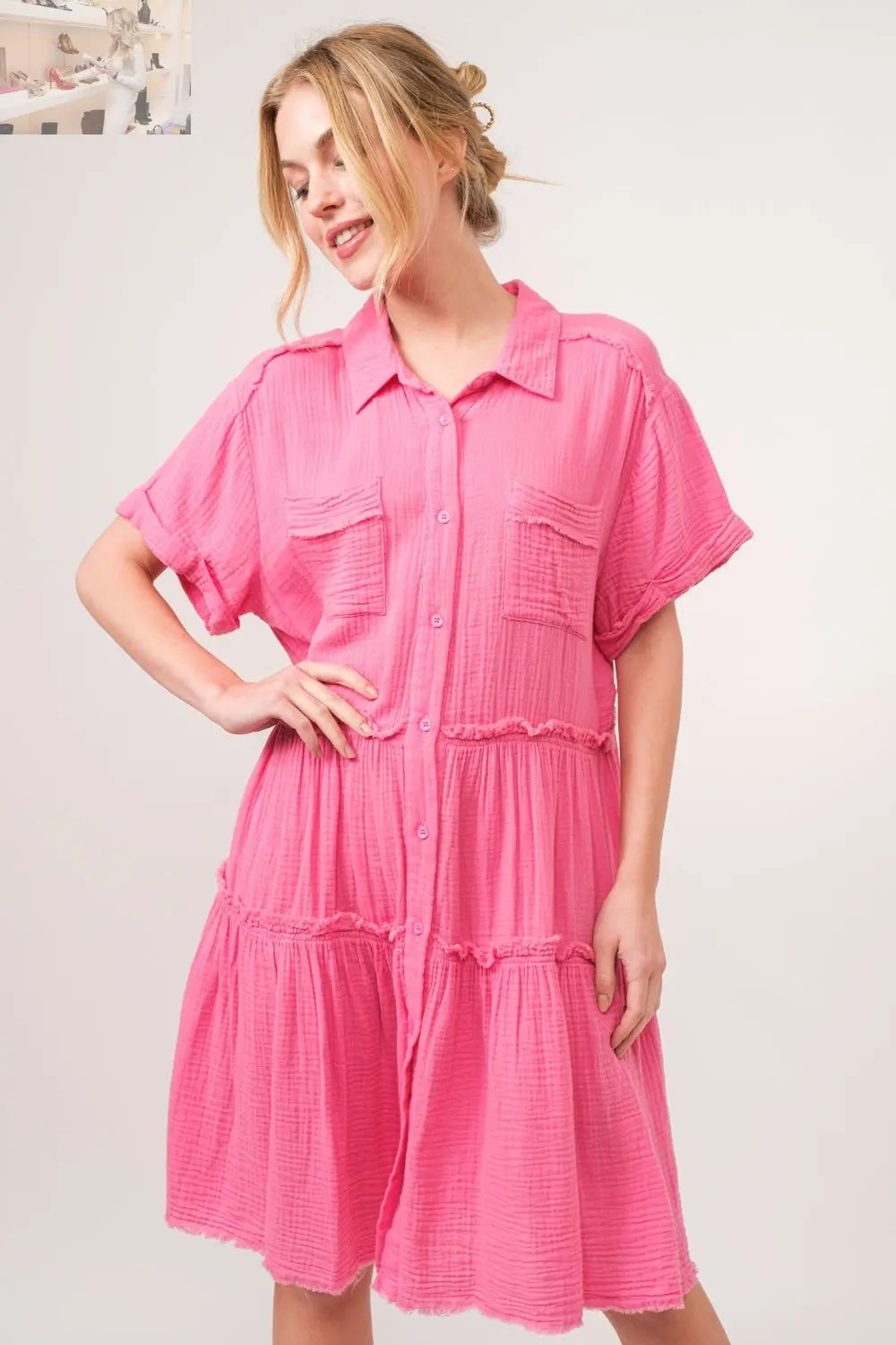 And The Why Full Size Raw Edge Washed Tiered Shirt Dress