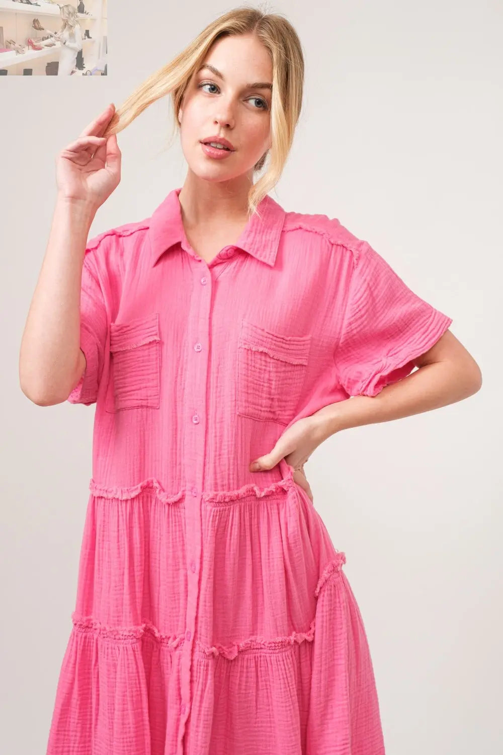 And The Why Full Size Raw Edge Washed Tiered Shirt Dress