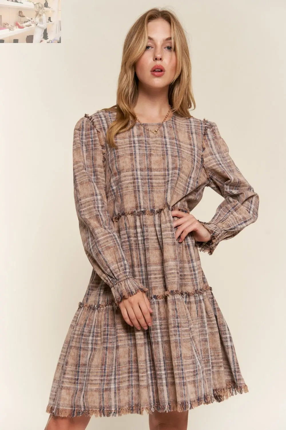 And The Why Full Size Washed Frayed Tiered Plaid Dress