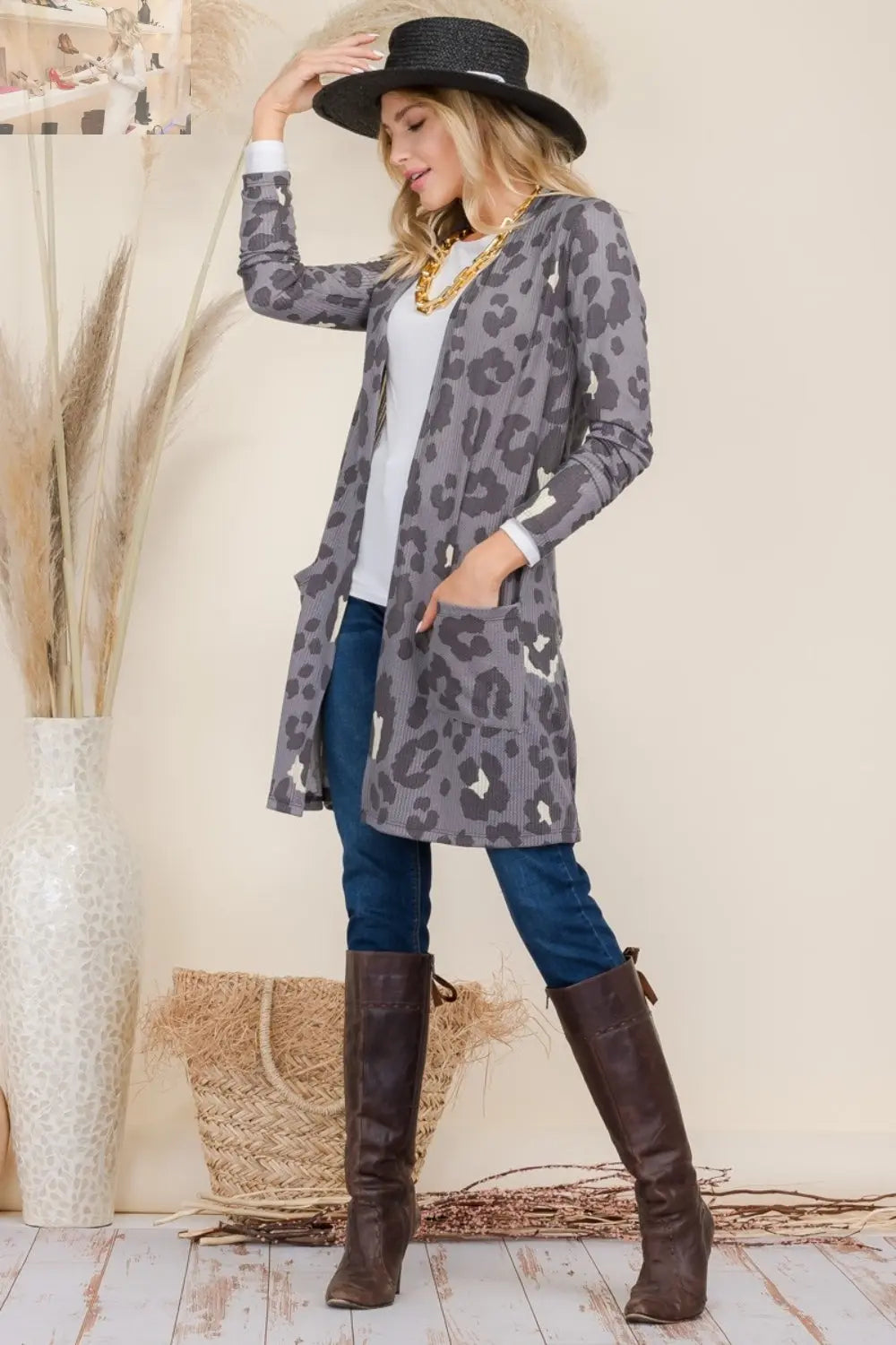 Celeste Full Size Leopard Open Front Contrast Cardigan