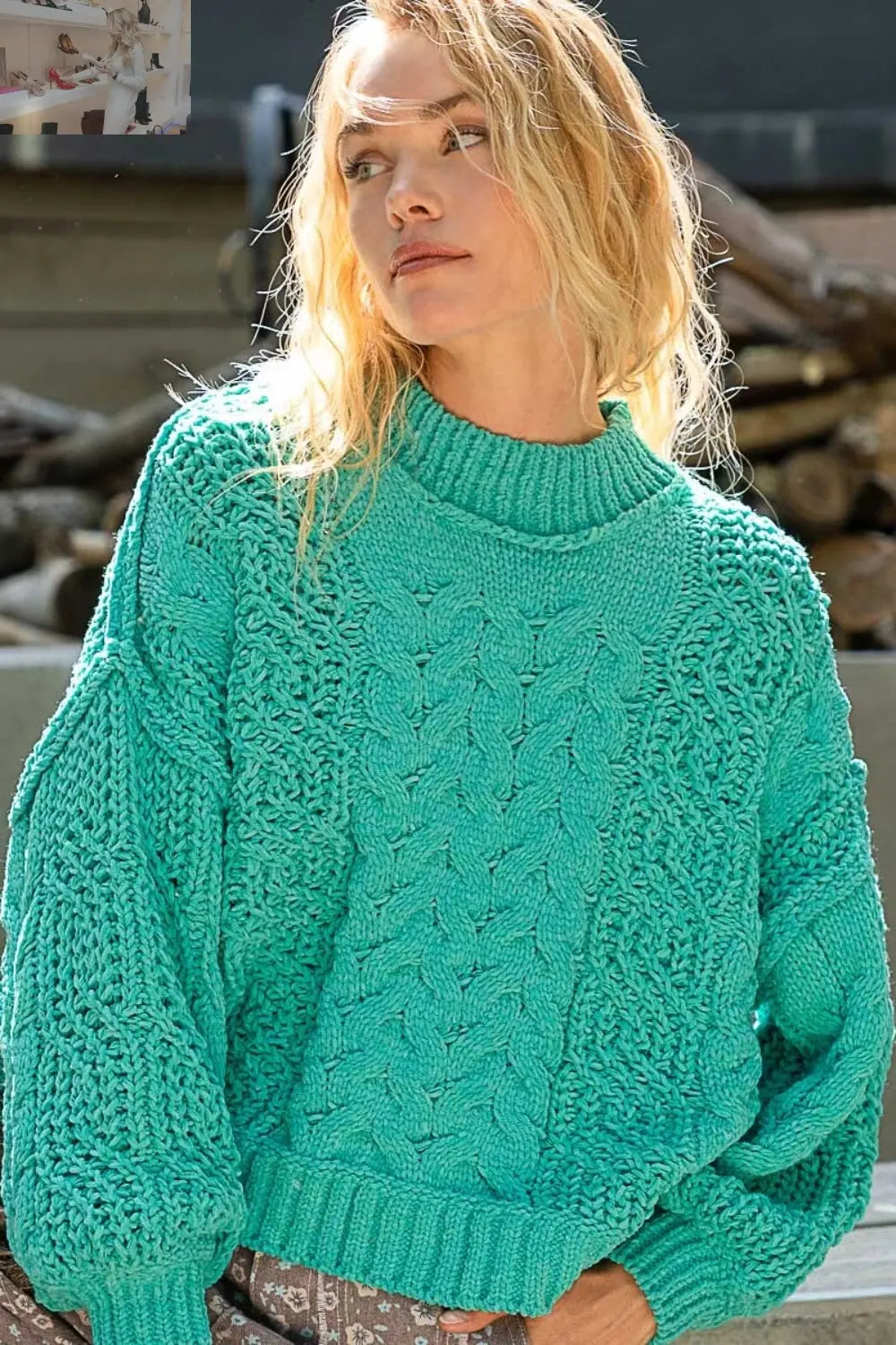 POL Mock Neck Cable Knit Sweater