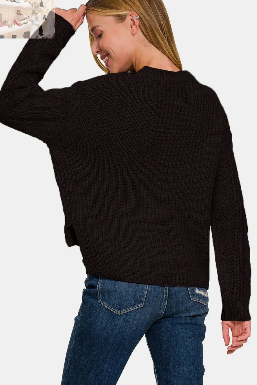 Zenana Cropped High Low Cable Sweater with Side Slits
