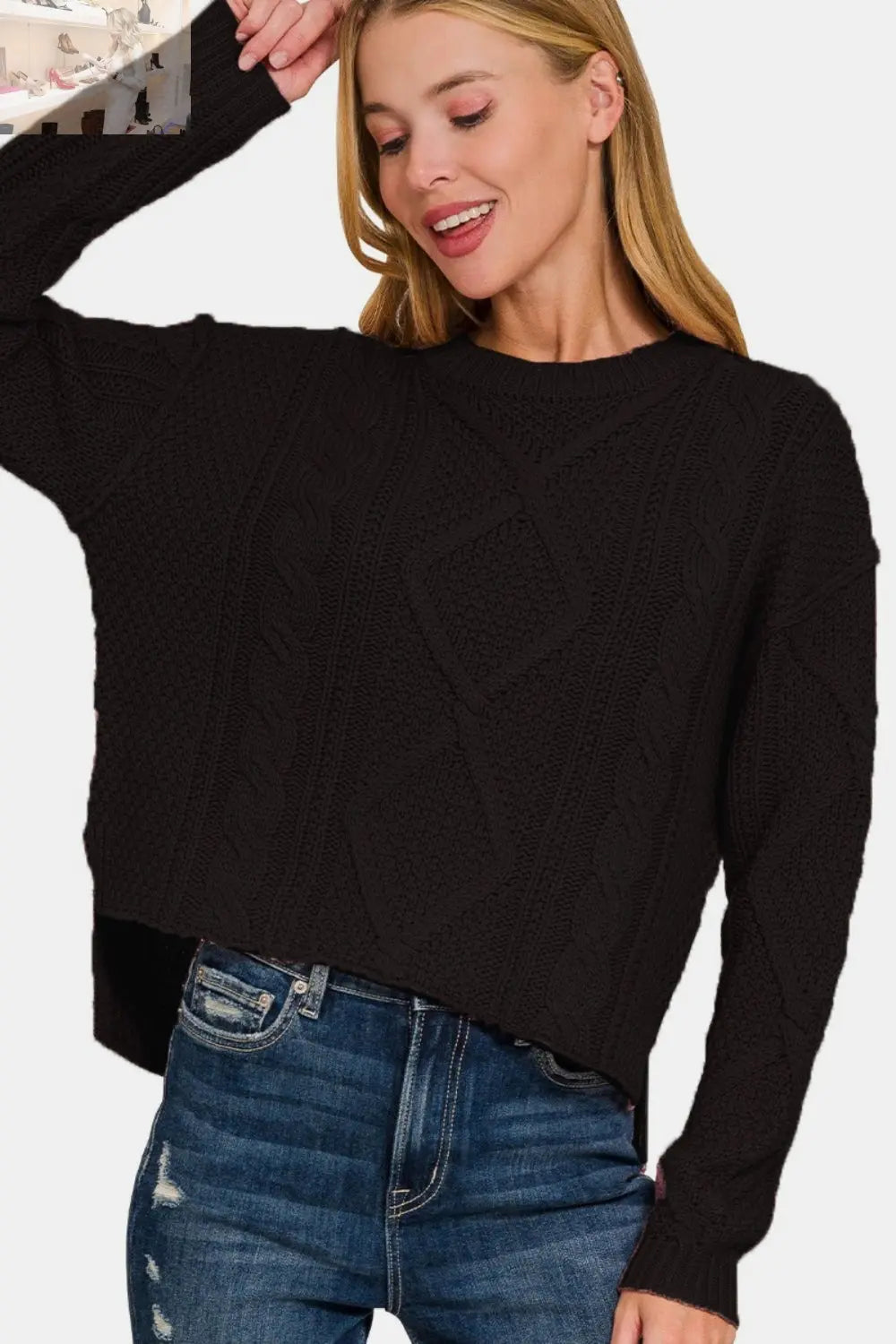 Zenana Cropped High Low Cable Sweater with Side Slits