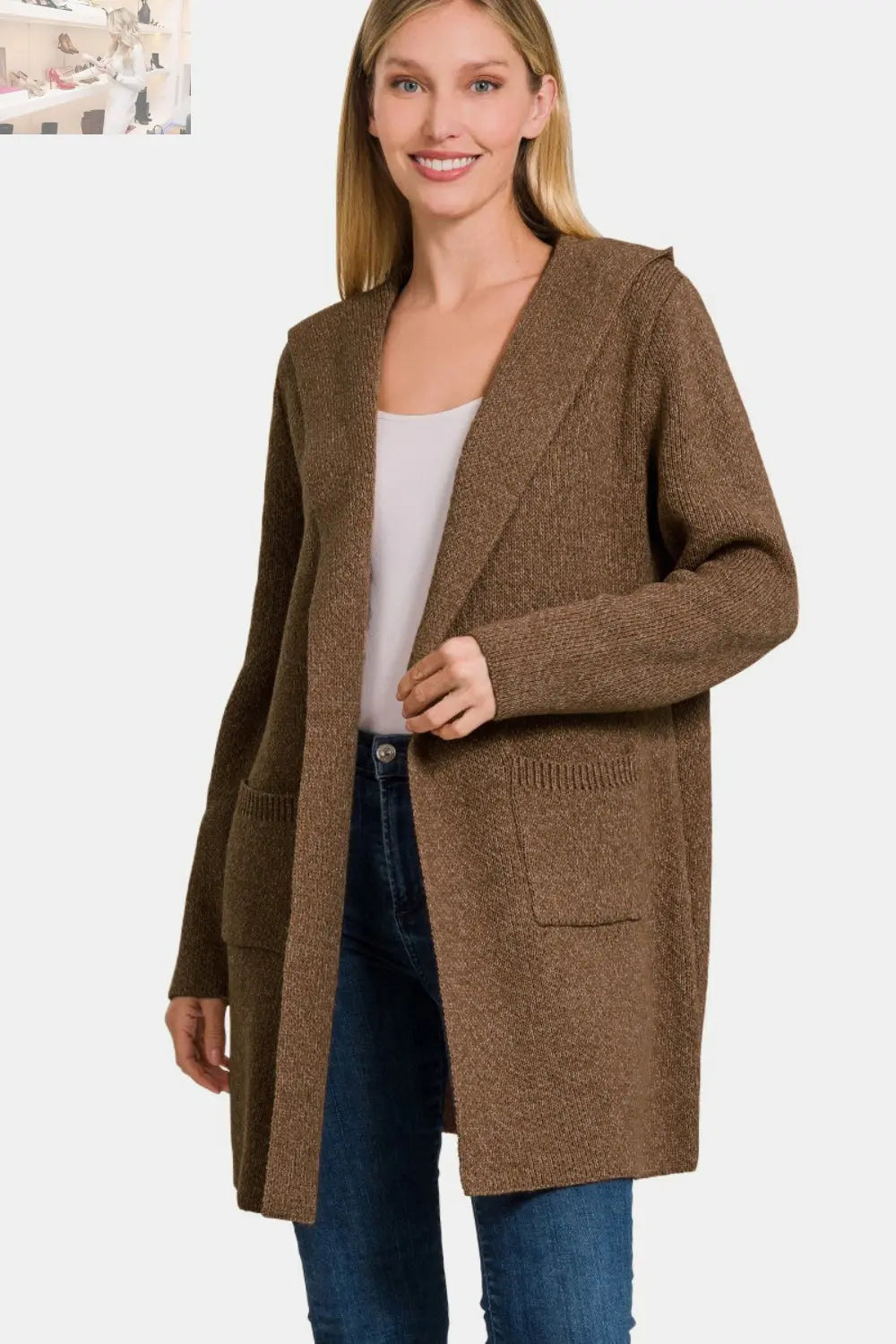 Zenana Hooded Open Front Sweater Cardigan