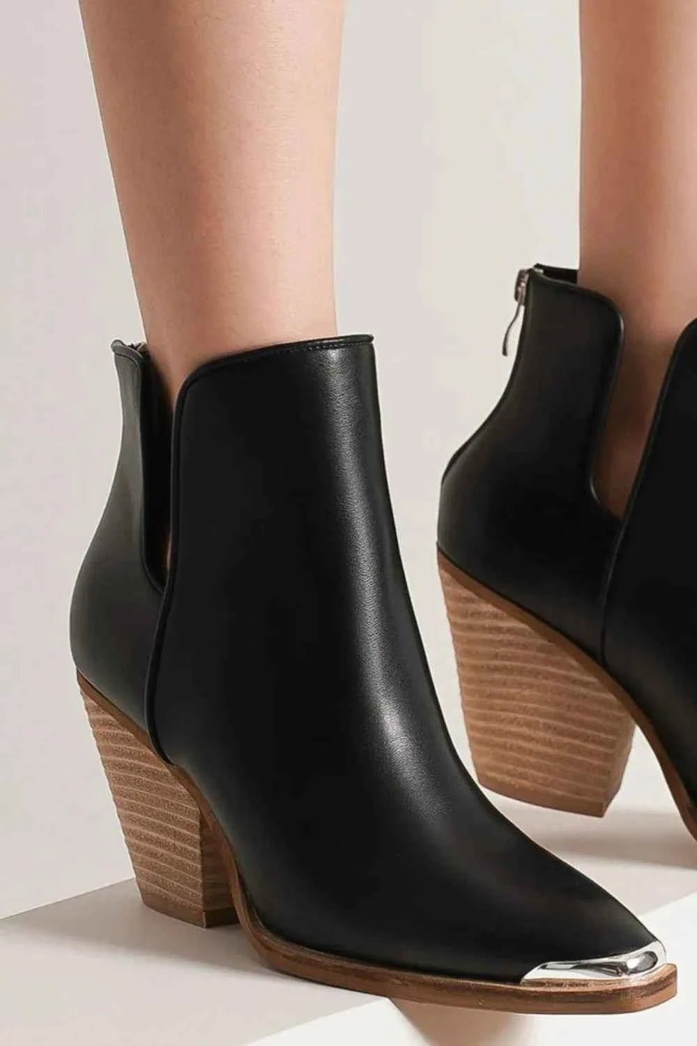 Beast Fashion Pointed Metal - Tip Ankle Boots with Block Heel - MegaSuperStar