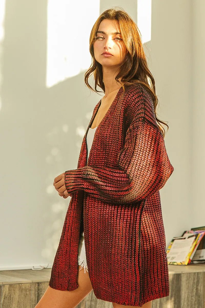 BiBi Metallic Knit V - Neck Cardigan Sweater for Stylish Layering - MegaSuperStar