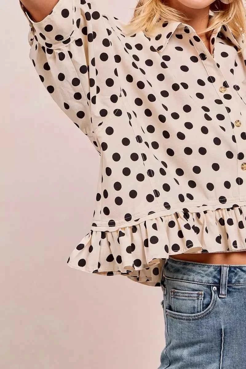 BiBi Polka Dot Peplum Top with Front Button for a Chic Look - MegaSuperStar