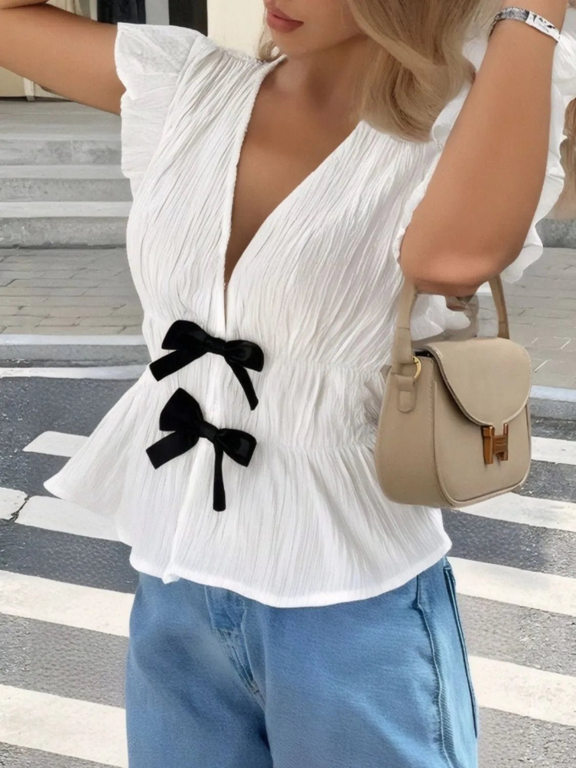 Bow V - Neck Blouse with Cap Sleeves for Effortless Style - MegaSuperStar