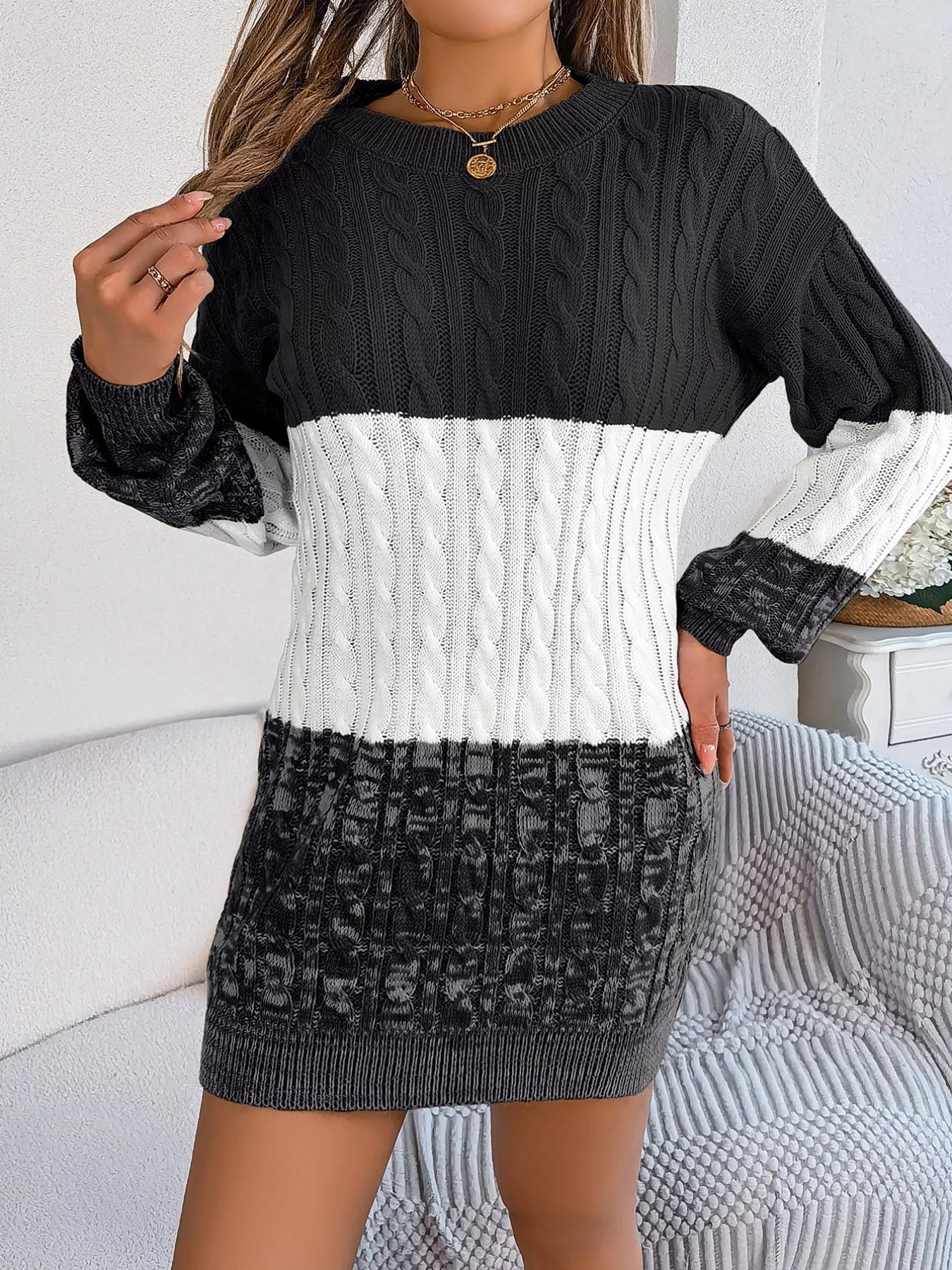 Color Block Cable Knit Sweater Dress with Textured Pattern - MegaSuperStar