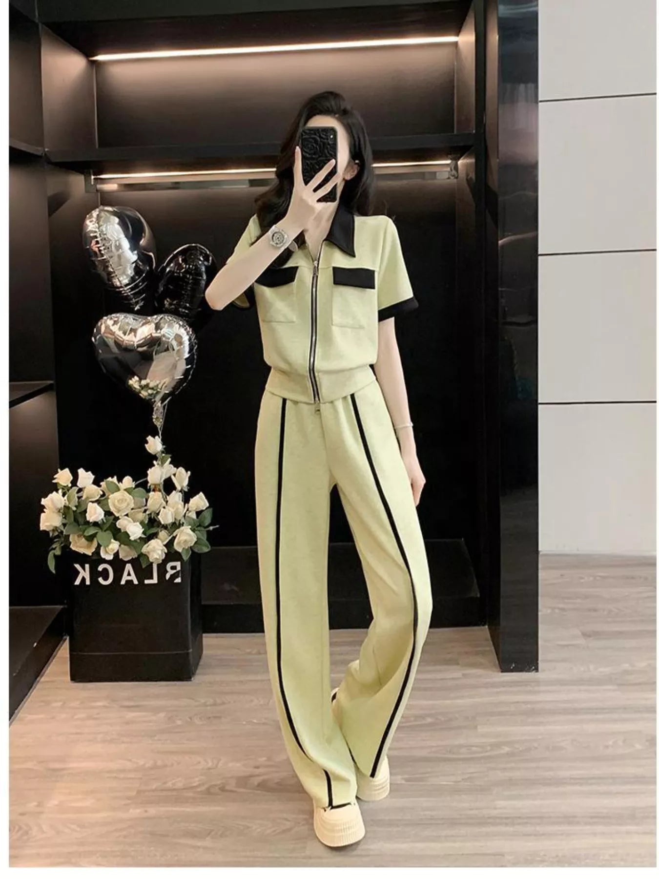 Contrast Zip Up Top and Wide - Leg Pants Set - MegaSuperStar