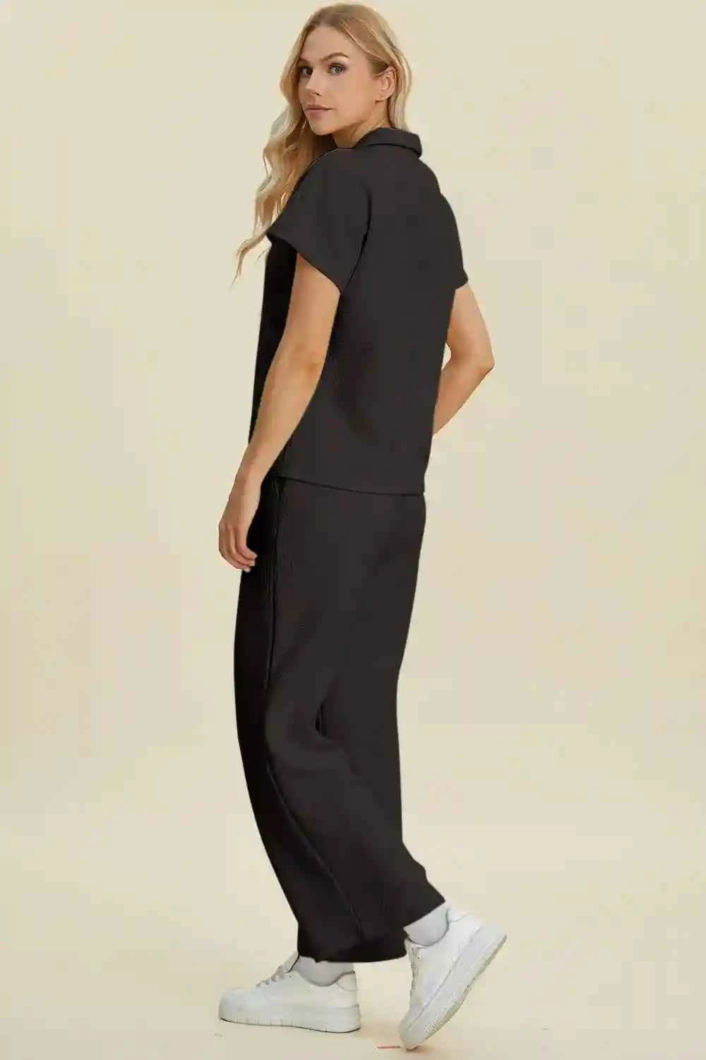 Double Take Full Size Collared Neck Short Sleeve Top and Pants Set - MegaSuperStar