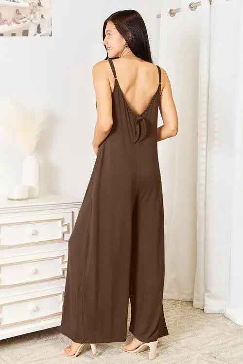 Double Take Full Size Rayon Spaghetti Strap Jumpsuit with Tied Wide Leg Design - MegaSuperStar