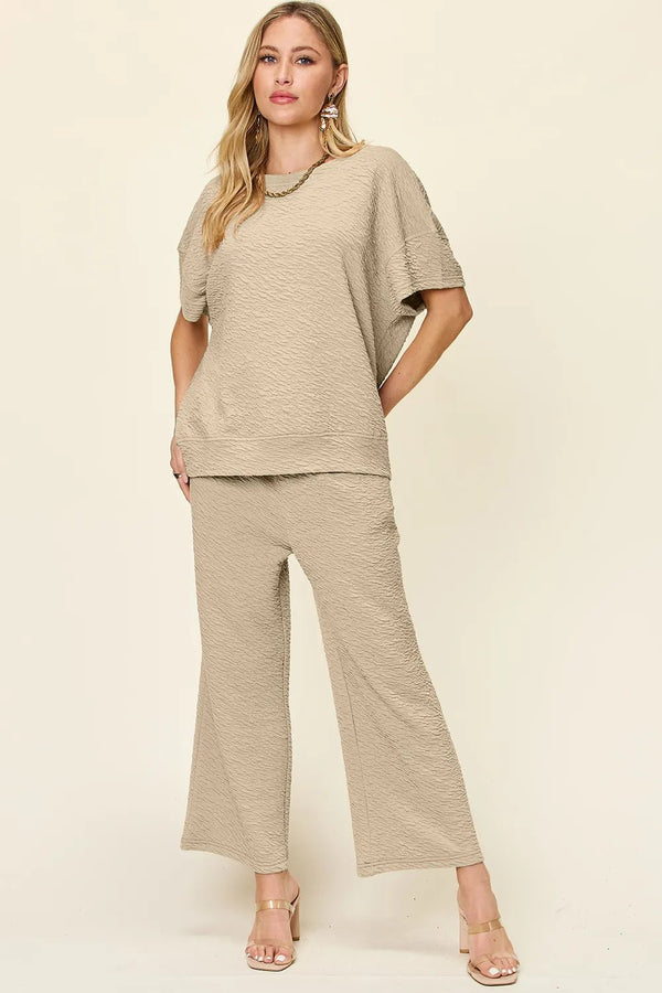 Double Take Texture Top and Pants Set - Full Size Short Sleeve Fashion Ensemble