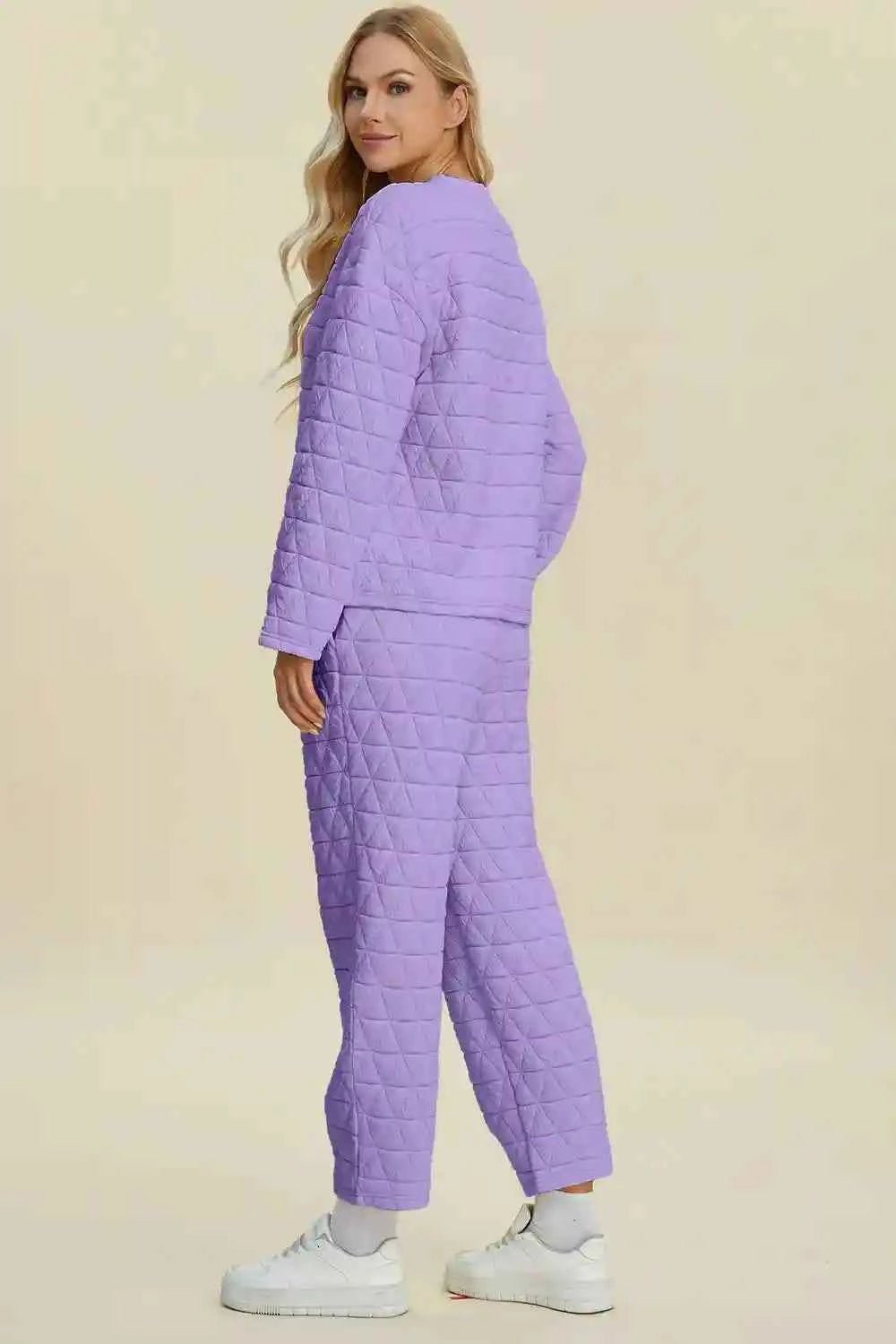 Double Take Texture Outfit - Full Size Round Neck Long Sleeve Top and Pants Set - MegaSuperStar