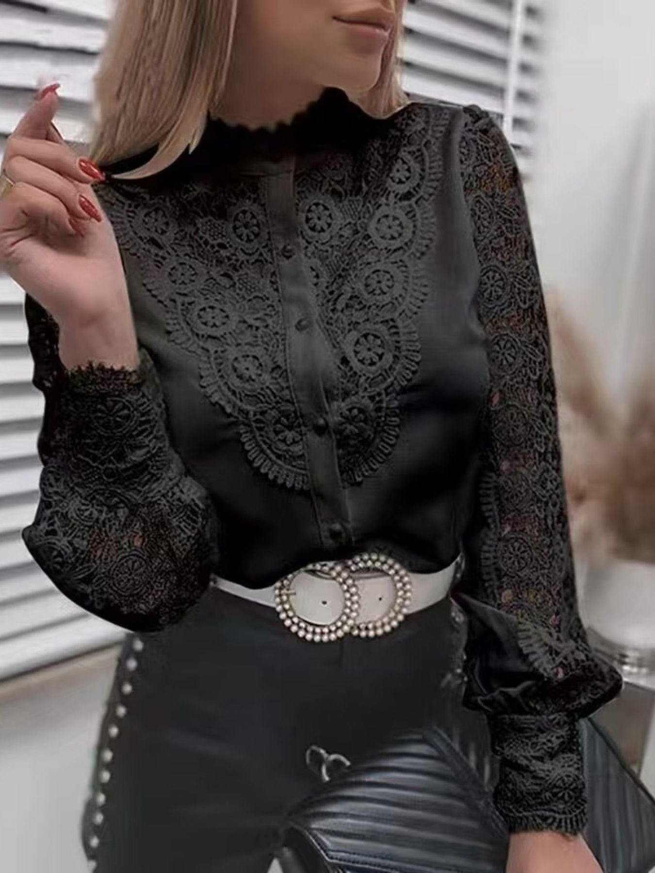 Elegant Lace Detail Long Sleeve Button Down Shirt - MegaSuperStar
