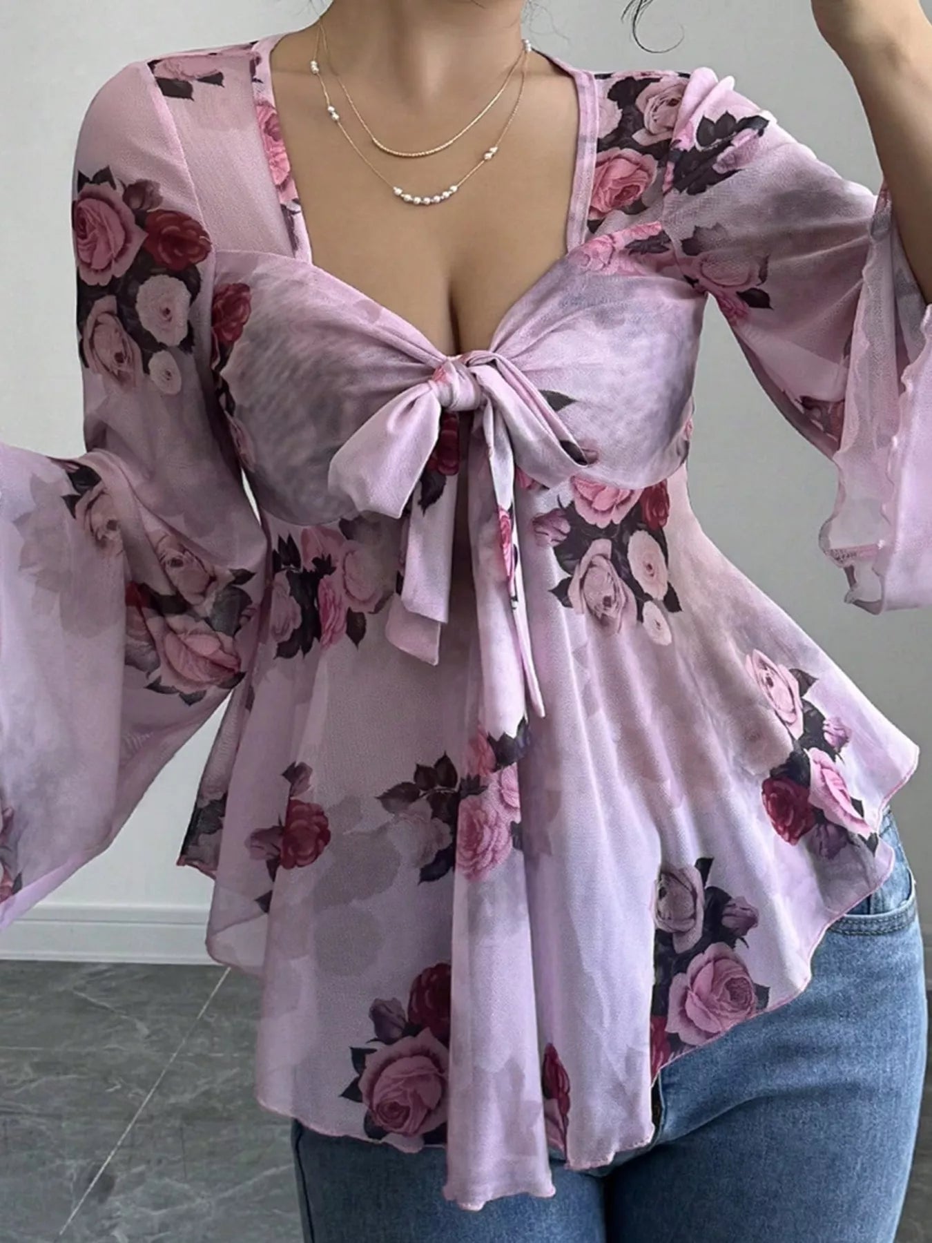 Floral Print Blouse with Tie Front and Flare Sleeves - MegaSuperStar