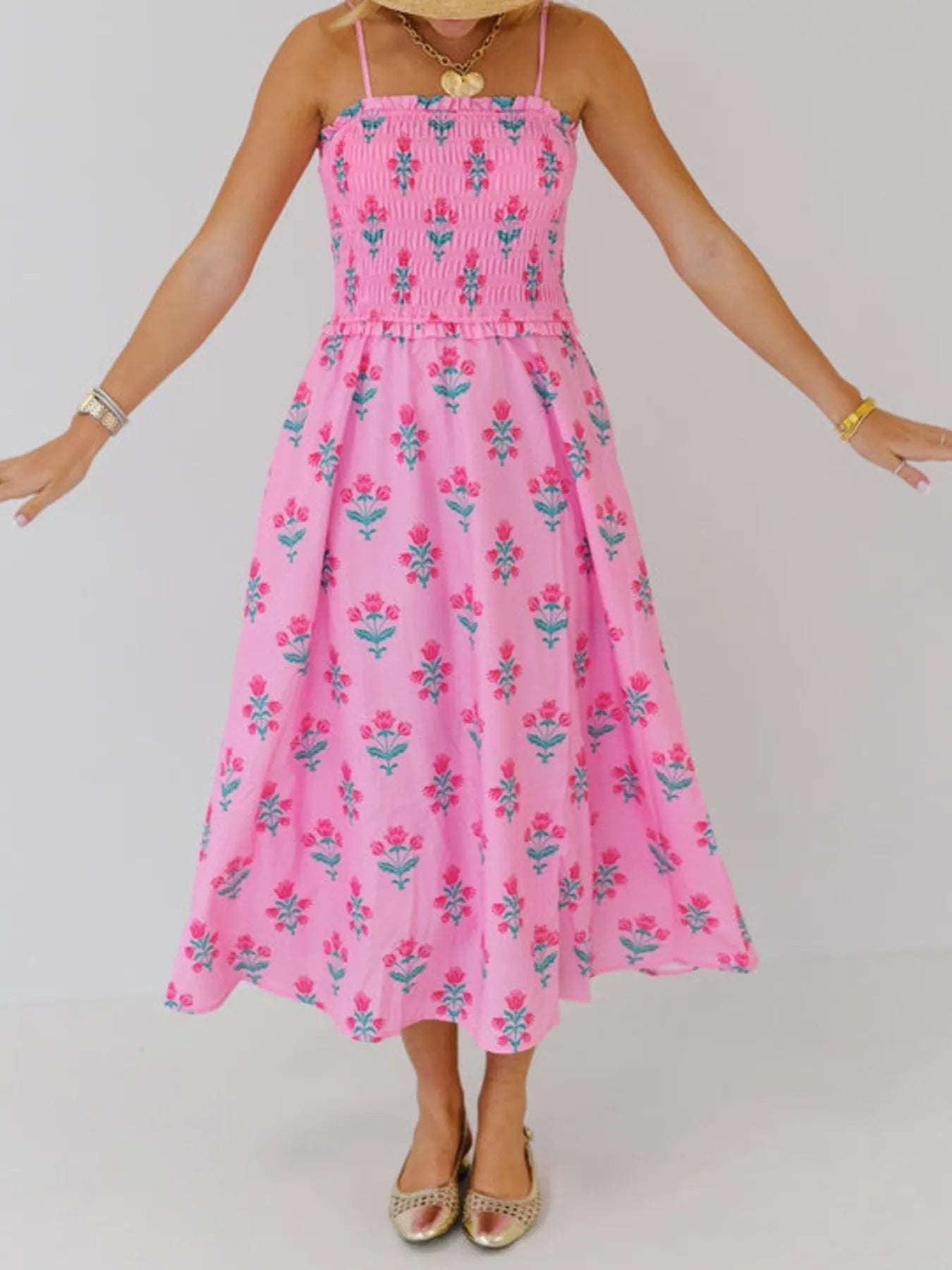 π Floral Smocked Midi Dress with Adjustable Straps - Perfect Summer Cami π - MegaSuperStar