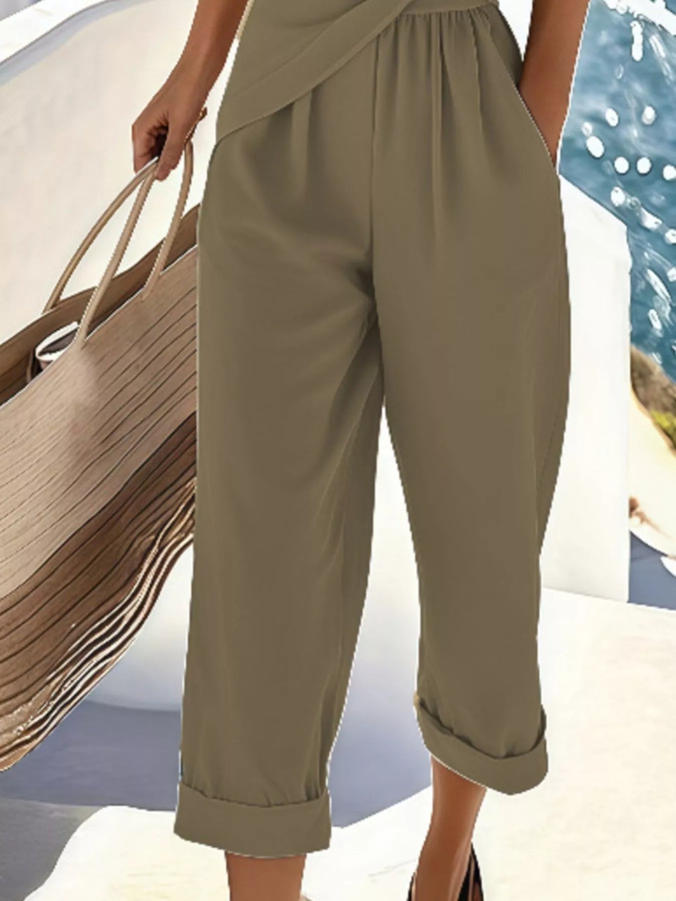 Full Size Surplice Short Sleeve Top and Pants Set Plus Size - MegaSuperStar