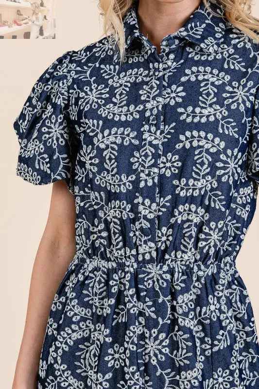 GeeGee Leaf Pattern Eyelet Lace Dress with Puff Sleeves - MegaSuperStar