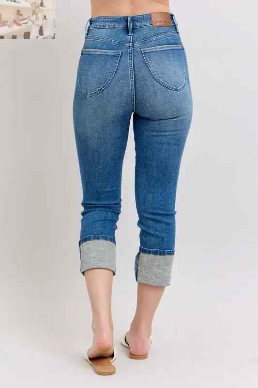 Judy Blue Plus Size Skinny Cuff Capris Jeans with Pockets - MegaSuperStar
