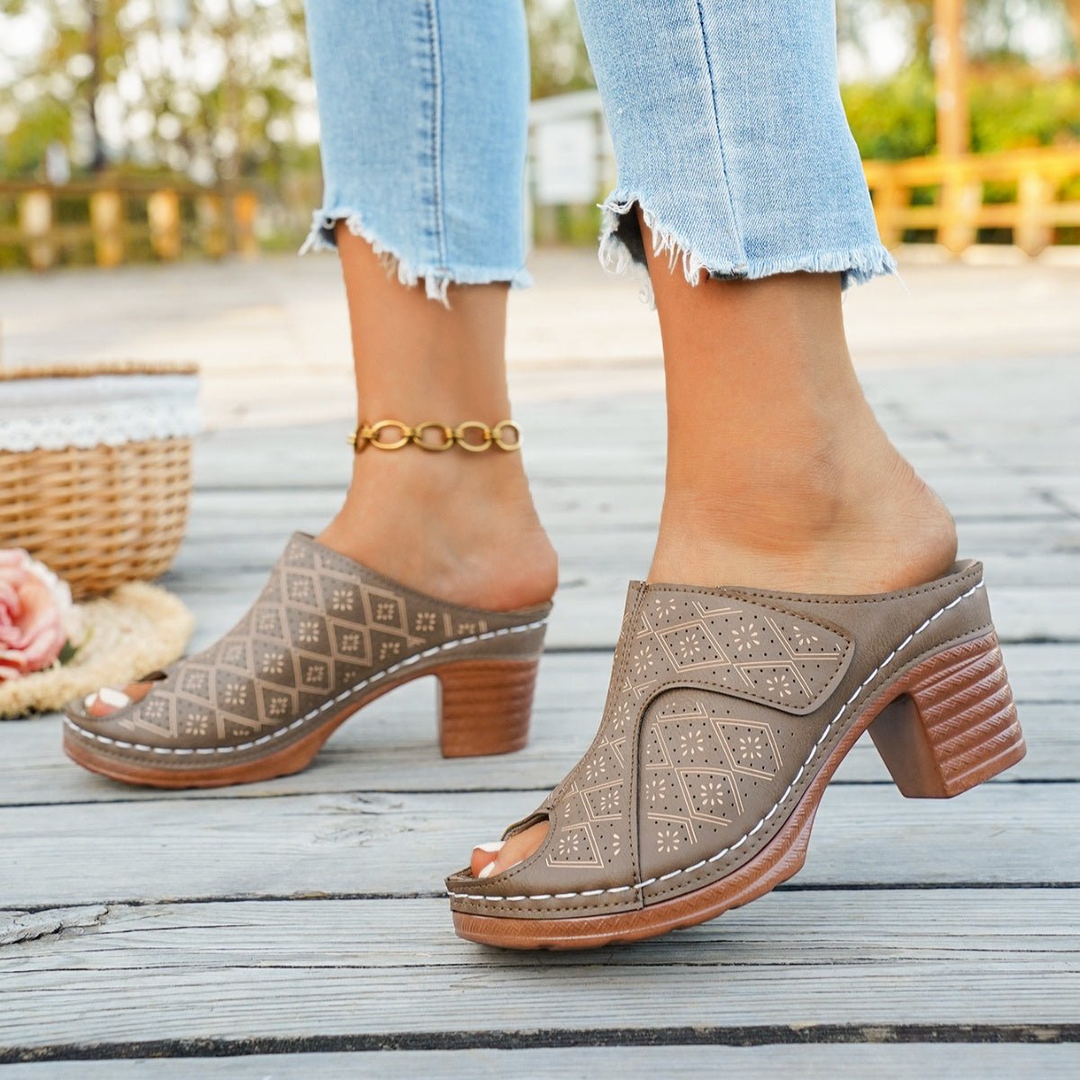 Peep Toe Block Heel Sandals - MegaSuperStar