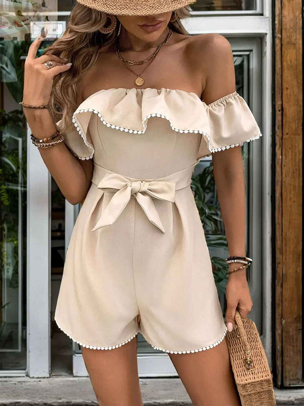 Perfee Off-Shoulder Ruffled Romper with Tied Short Sleeves