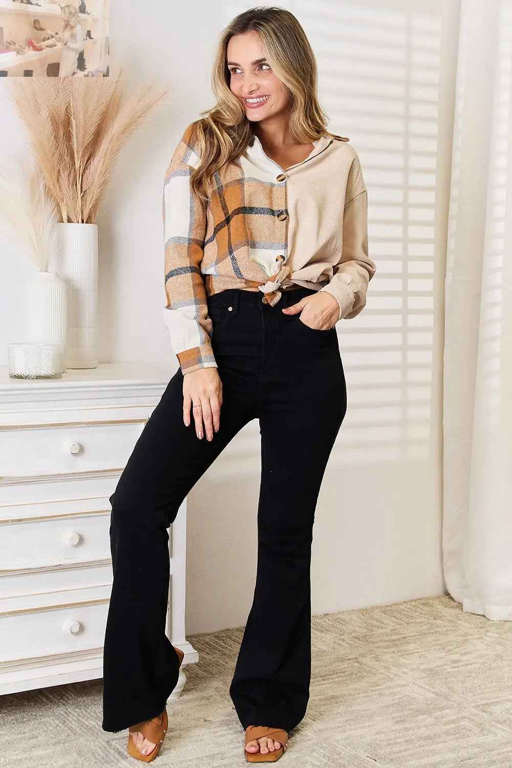 Perfee Plaid Print Dropped Shoulder Shirt for Stylish Comfort - MegaSuperStar