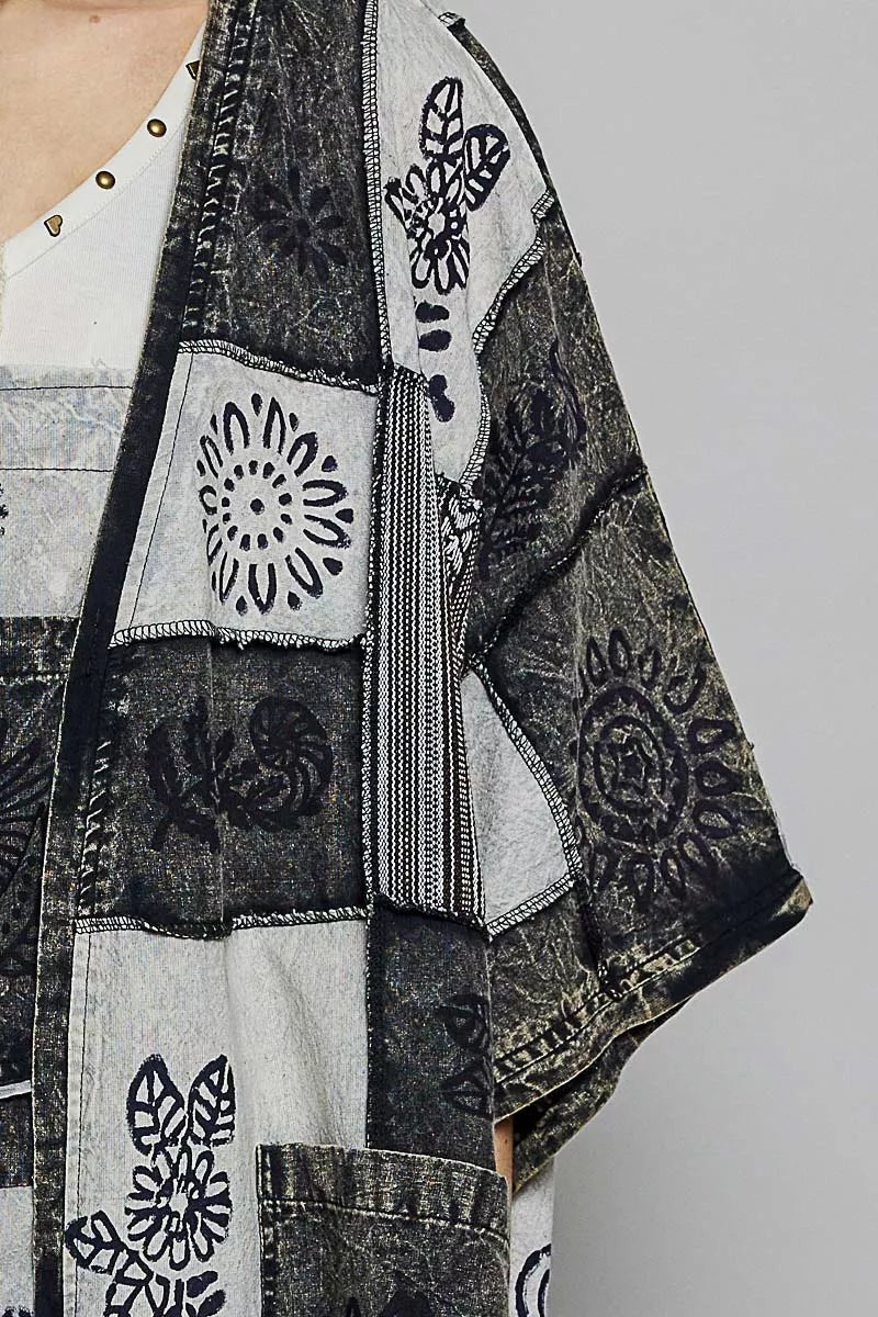 POL Open Front Longline Cardigan in Printed Patchwork Design - MegaSuperStar