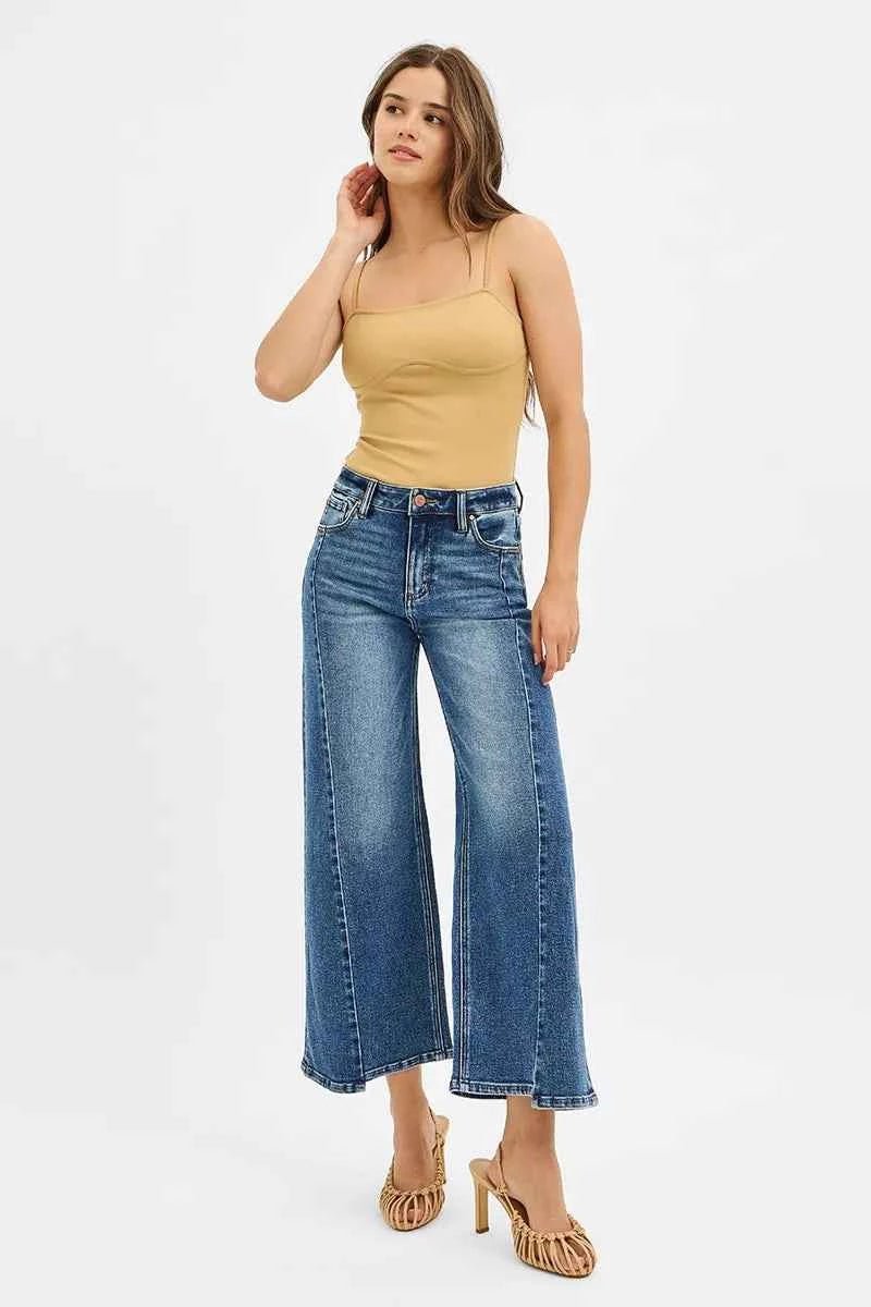 RISEN High Rise Crop Wide Leg Jeans with Step Hem - Trendy & Comfortable - MegaSuperStar
