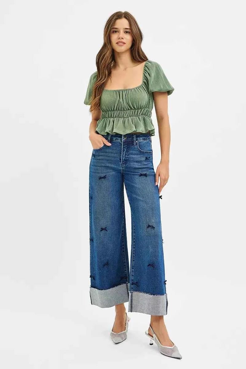 RISEN High Rise Crop Wide Leg Ribbon Detail Jeans for Effortless Style - Perfect Ribbon Detail Wide Leg Jeans - MegaSuperStar