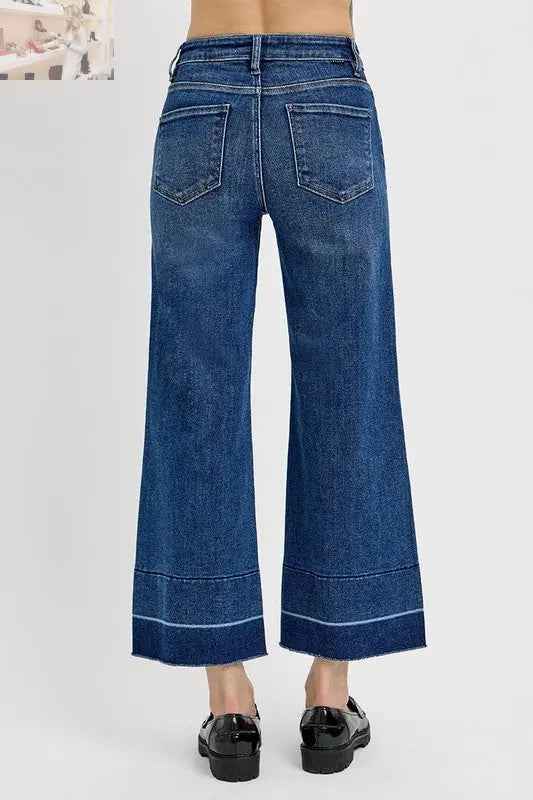 RISEN Plus Size Tummy Control Jeans - High Rise Crop with Wide Hem - MegaSuperStar