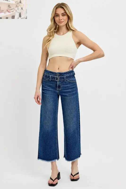 RISEN Raw Hem Wide Leg Jeans with Attached Buckle - MegaSuperStar
