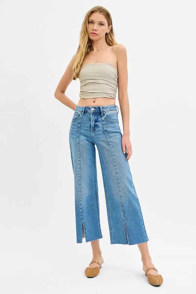 RISEN Tummy Control Wide Leg Jeans with Mid Rise and Front Slit - MegaSuperStar