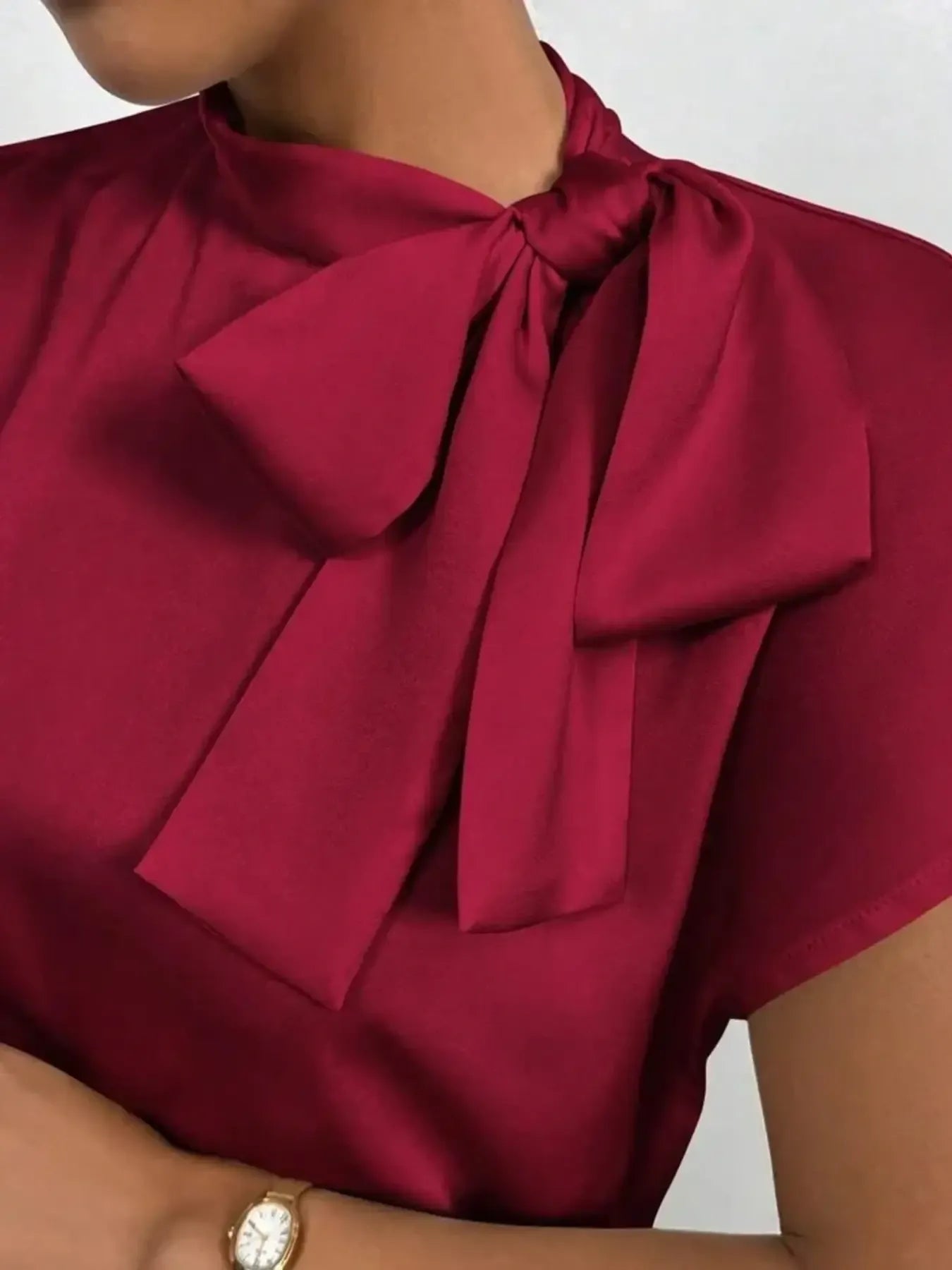 Satin Bow Tie Neck Blouse - MegaSuperStar