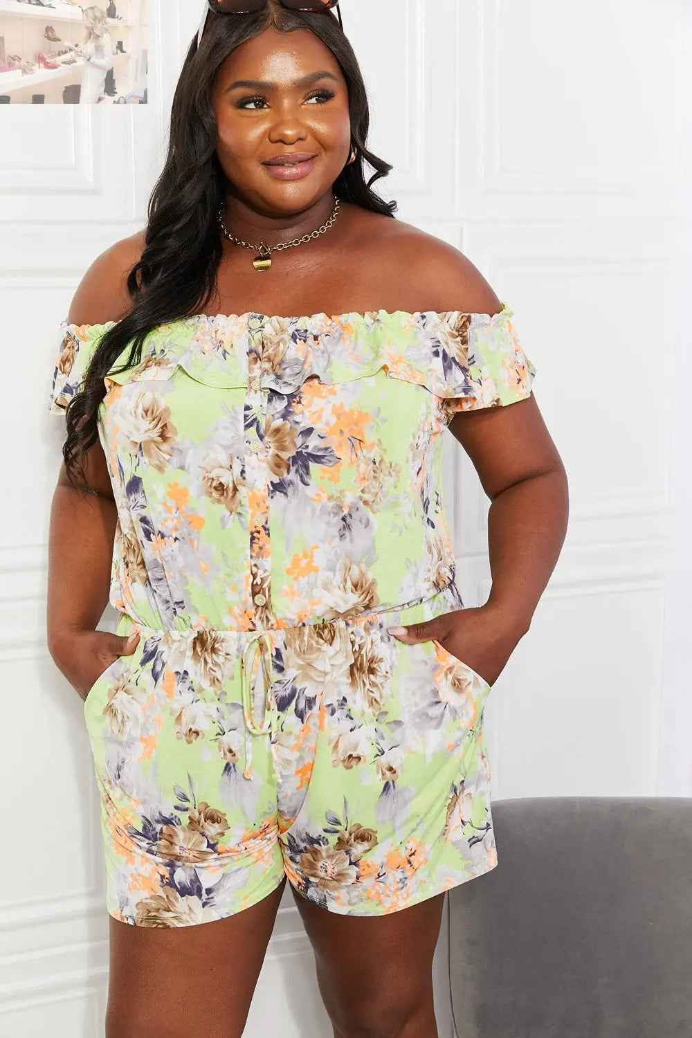 Sew In Love Floral Off - Shoulder Romper - Full Size Pure Delight - MegaSuperStar
