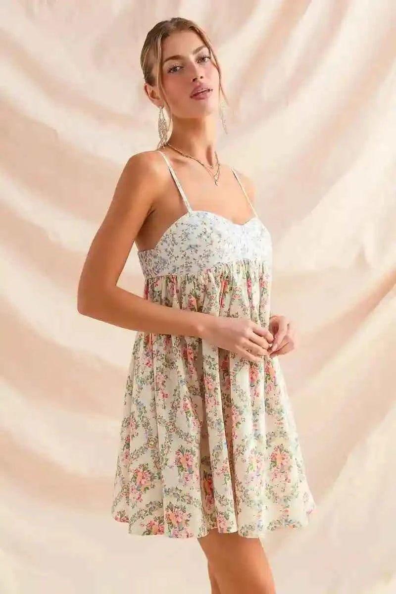 SO ME Floral Print Mini Dress - Mixed Floral Sleeveless Mini Dress - MegaSuperStar
