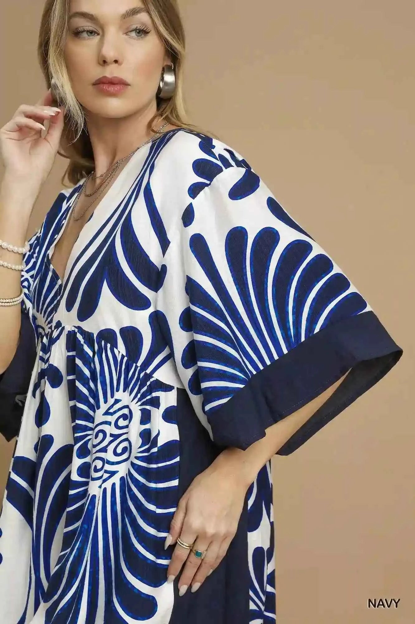 Umgee Abstract Print Dress with Kimono Sleeves - Mini Dress for Stylish Comfort - MegaSuperStar