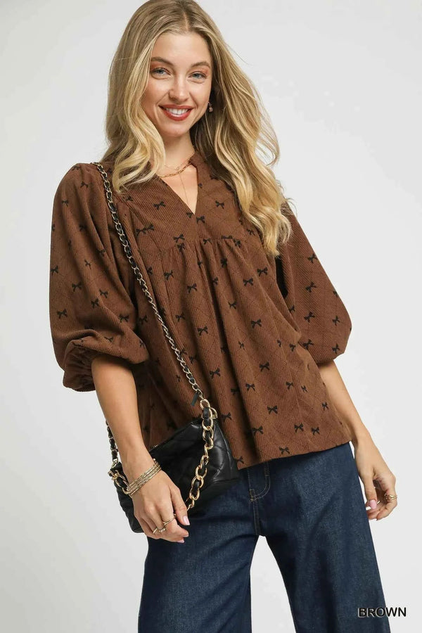 Umgee Corduroy Blouse with Bow Print and Balloon Sleeves for Stylish Comfort