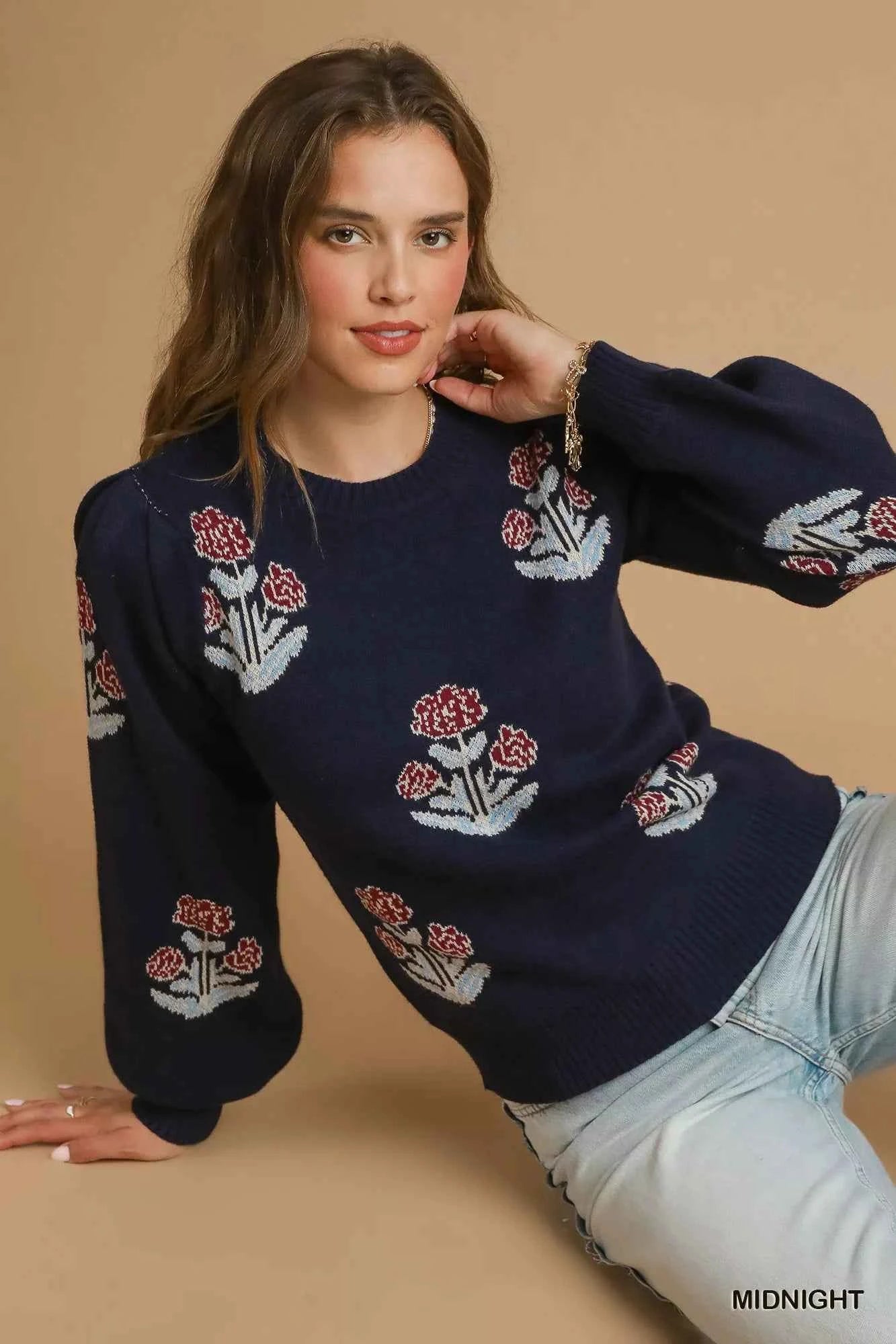 Umgee Floral Knit Sweater with Puff Sleeves - MegaSuperStar