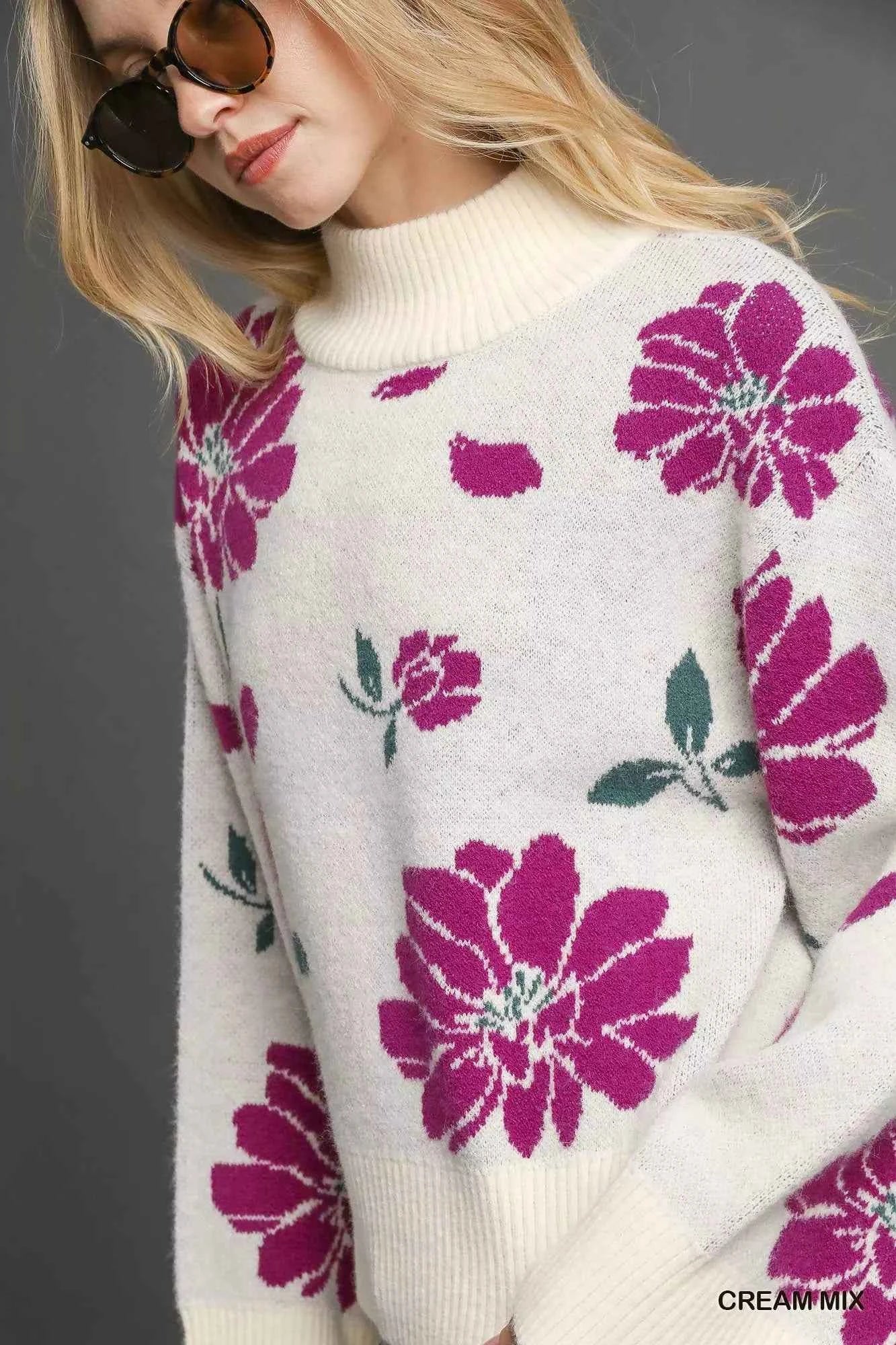 Umgee Floral Mock Neck Sweater - Trendy Floral Patterned Sweater for Fall - MegaSuperStar