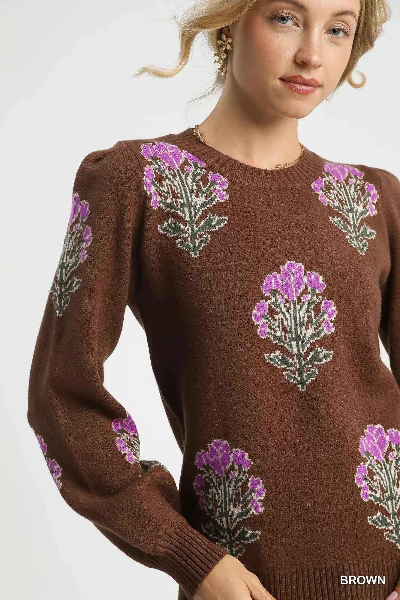 Umgee Jacquard Flower Sweater - Single Flower Stem Design - MegaSuperStar