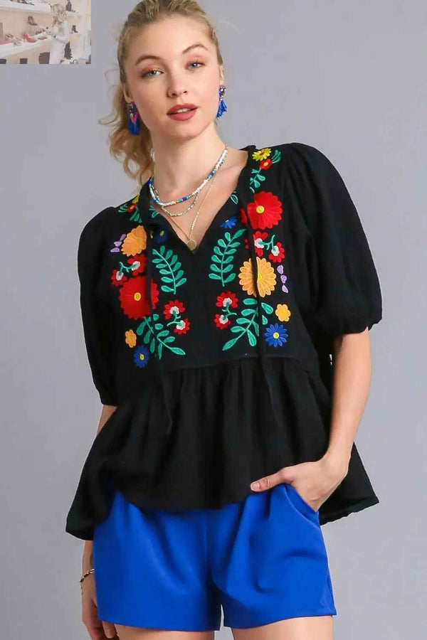 Umgee Plus Size Floral Embroidery Blouse in Soft Cotton Gauze