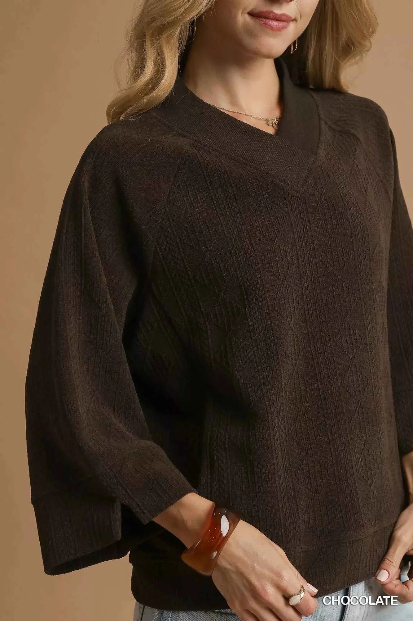 Umgee V - Neck Knit Top - Textured Knit Style for Effortless Fashion - MegaSuperStar