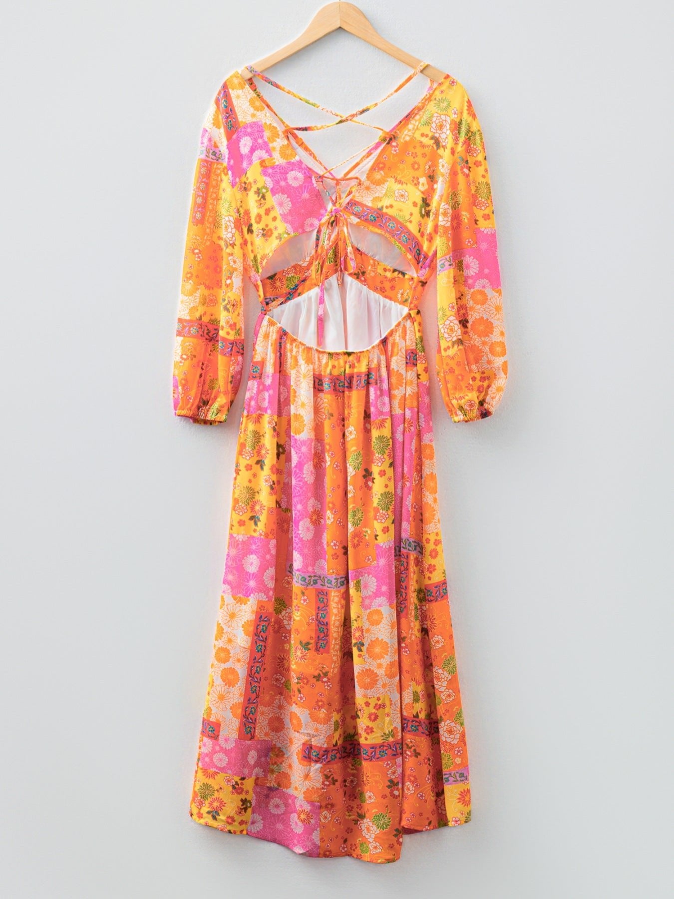 🌸 Vibrant Floral Long Sleeve Dress with Lace - Up Back 🌸 - MegaSuperStar