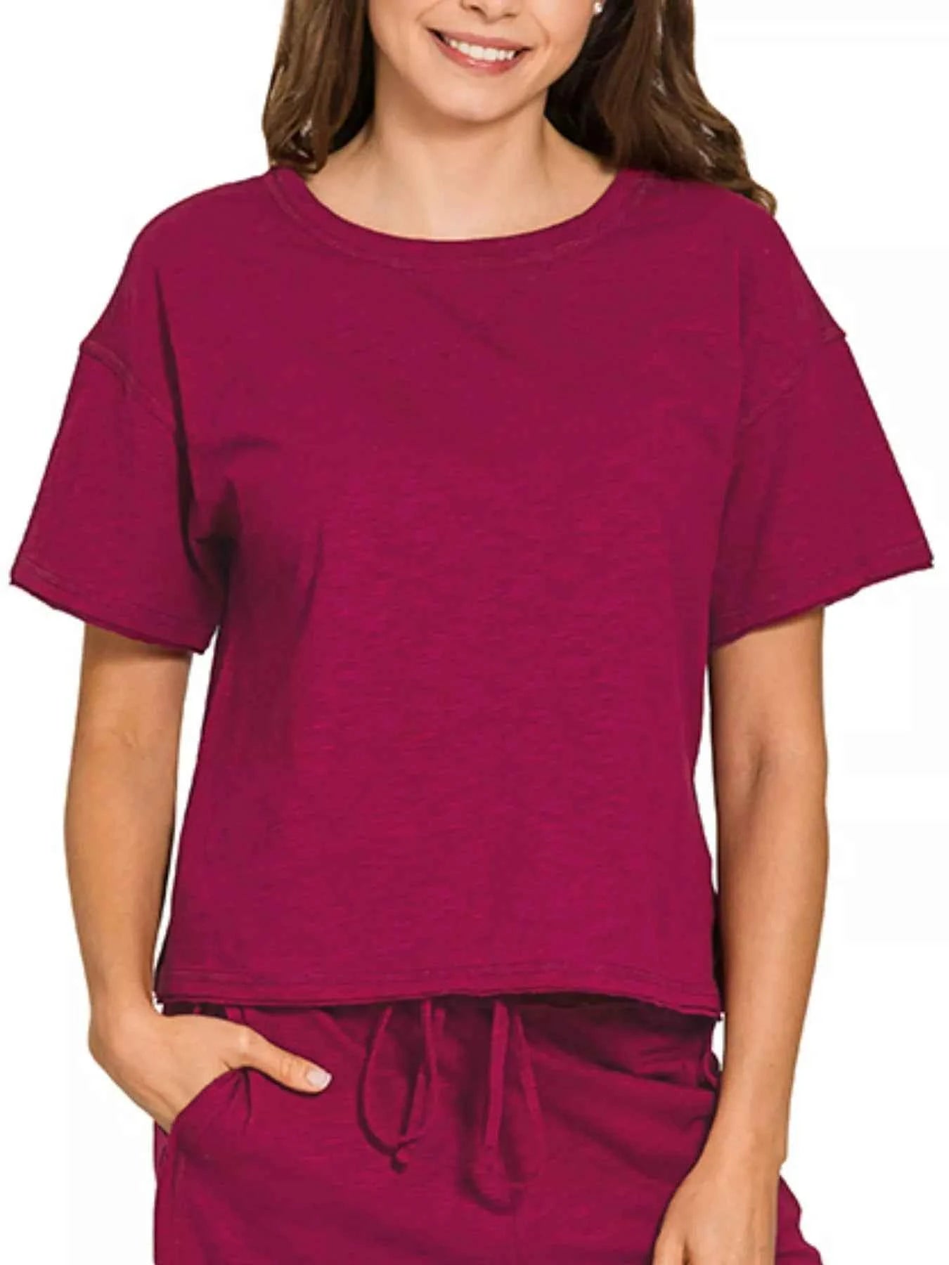 Zenana Cotton Slub Set: Short Sleeve Tee and Pants for Ultimate Comfort - MegaSuperStar