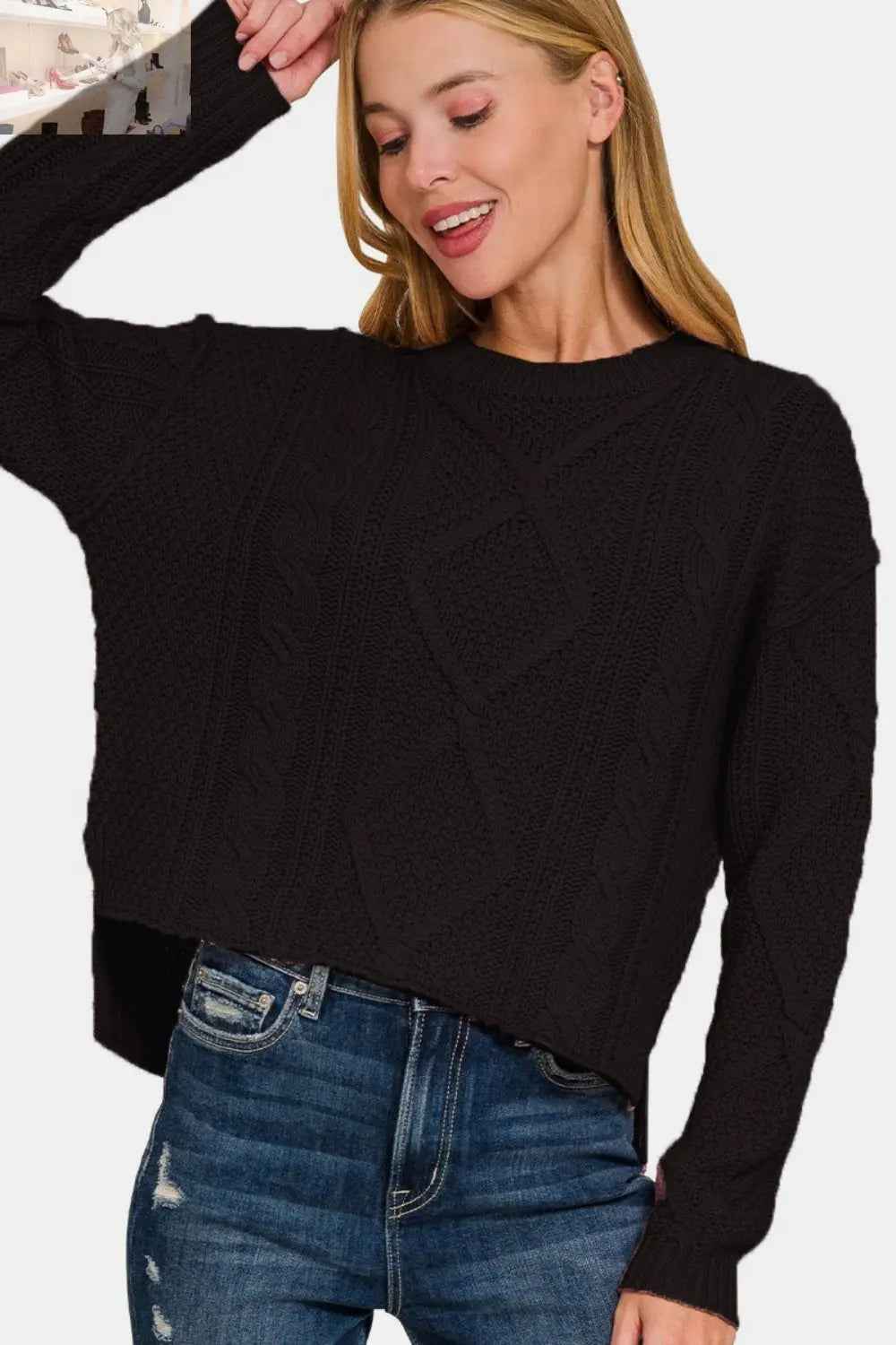 Zenana Cropped Cable Sweater with High Low Design and Side Slits - MegaSuperStar