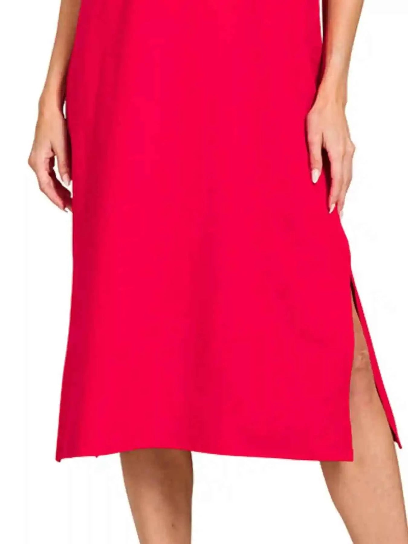 Zenana Midi Dress with Round Neck and Side Slit - Perfect for Every Occasion - MegaSuperStar
