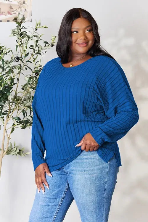 Basic Bae Full Size Ribbed Round Neck Slit T-Shirt