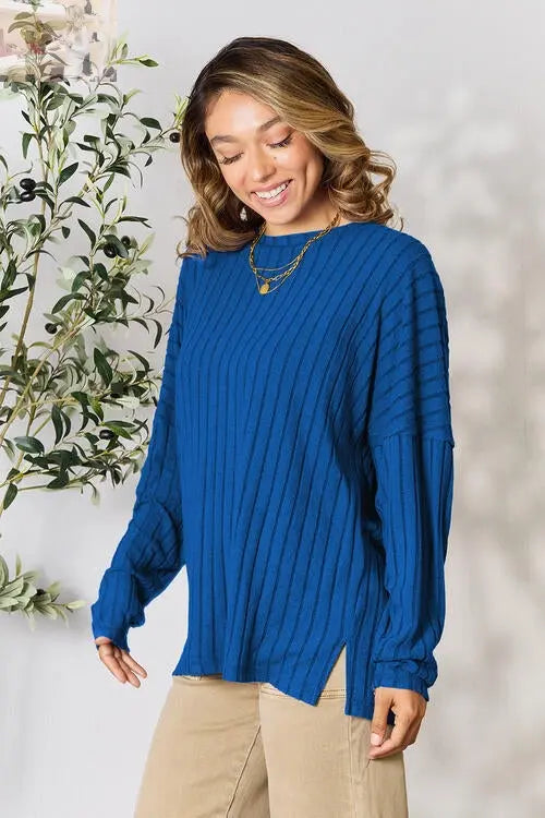 Basic Bae Full Size Ribbed Round Neck Slit T-Shirt